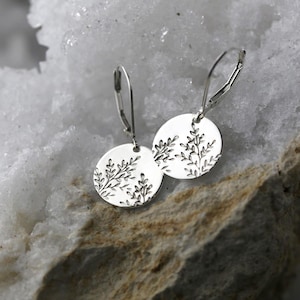 Hand Stamped Wildflower Sterling Silver Earrings: Dainty Minimalist Nature Dangle Leverback Burnish Earrings