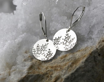 Hand Stamped Wildflower Sterling Silver Earrings: Dainty Minimalist Nature Dangle Leverback Burnish Earrings