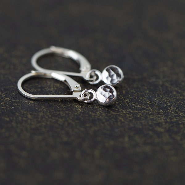 Small Sterling Silver Lever-back Earrings Handmade • Tiny Minimalist Hammered Dot Lever back Earrings for Women LeverbacK