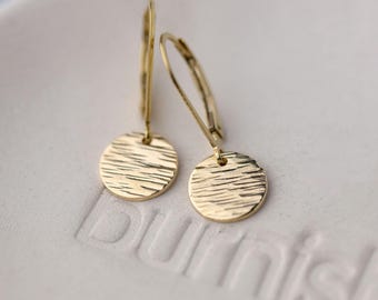 Tiny Textured Gold Filled Disc Dangle Lever-back Earrings • Dainty Simple Gold Leverback Earrings • Modern Handmade Jewelry by Burnish