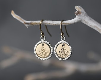 Small Mixed Metal Wildflower Earrings: Two Tone Sterling Silver & Gold Filled Leverback Earrings by Burnish