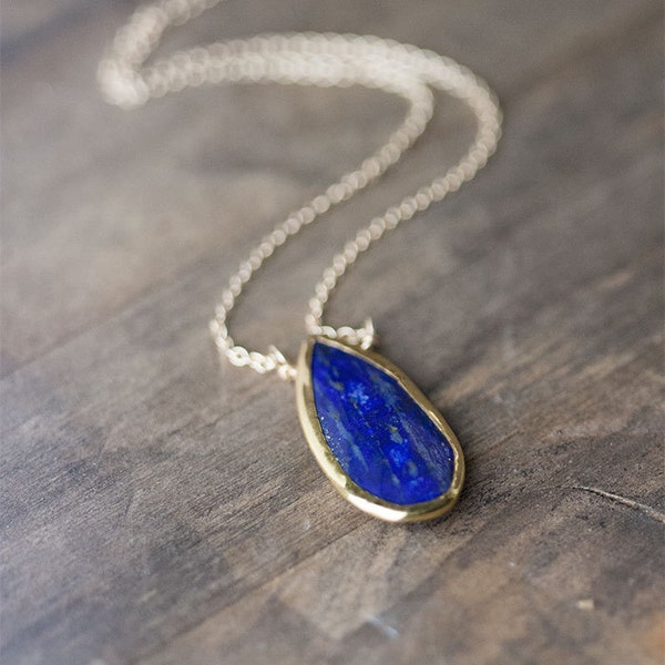Lapis Lazuli Teardrop Gold Necklace / Blue Gemstone / 14K Gold Filled / ooak / Limited Edition