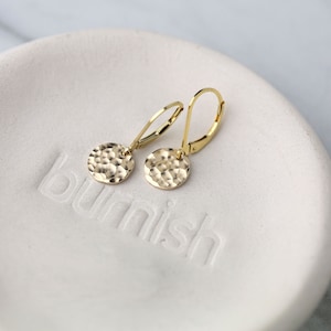 Tiny Hammered Gold Lever-Back Earrings, Handmade Small Dangle Earrings Leverback, Gold Filled Lever Back Earrings image 1