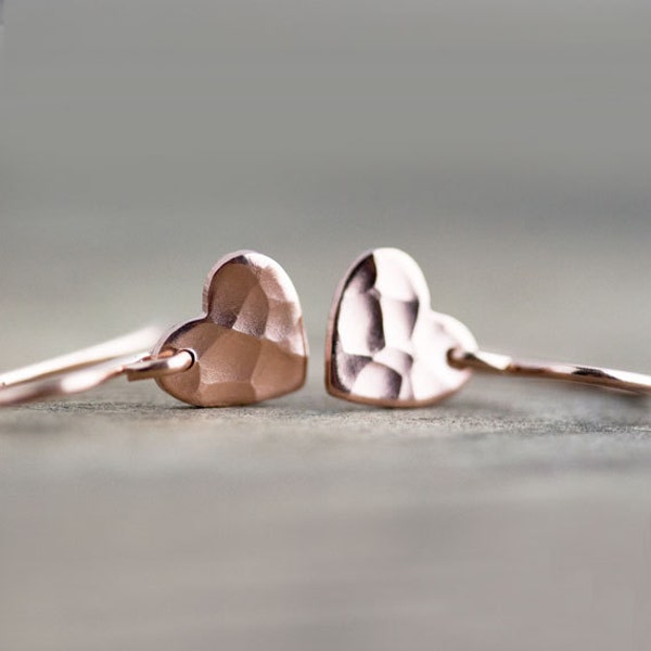 Tiny Rose Gold Heart Earrings / Mini Romantic Dangle Earrings / Pink Rose Gold Jewelry