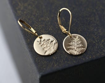 Hand Stamped Fern Leaf Gold Filled Lever back Earrings: Minimalist Nature Jewelry by Burnish