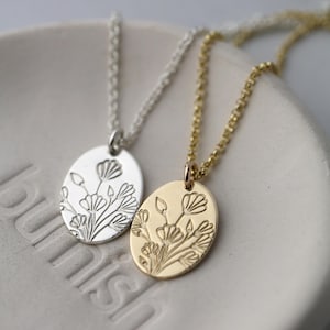 Hand Stamped Floral Necklace in Sterling Silver or Gold Filled • Minimalist Botanical Flowers Necklace • Handmade Jewelry by Burnish