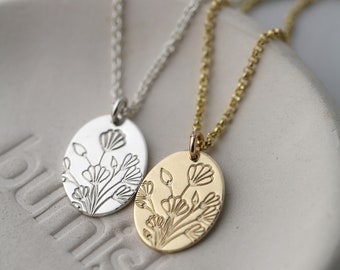 Hand Stamped Floral Necklace in Sterling Silver or Gold Filled • Minimalist Botanical Flowers Necklace • Handmade Jewelry by Burnish