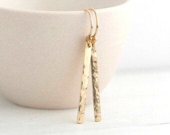 Slim Gold Minimal Earrings • Gold Filled Hammered Bar Earrings Dangle • Minimalist Earrings • Mother’s Day Gift