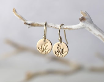 Tiny Hand Stamped Leaves Gold Earrings • Dainty Minimalist Leaf Dangle Disc Earrings • Handmade Gold Filled Jewelry by Burnish