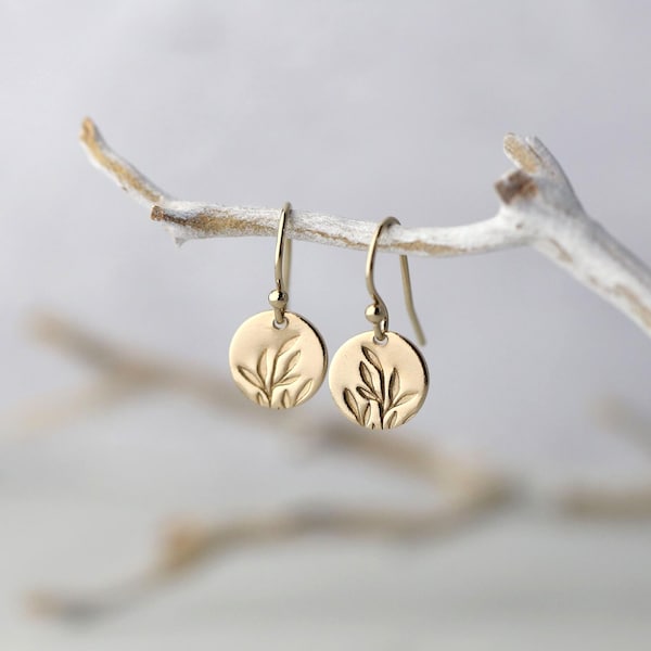 Tiny Hand Stamped Leaves Gold Earrings • Dainty Minimalist Leaf Dangle Disc Earrings • Handmade Gold Filled Jewelry by Burnish