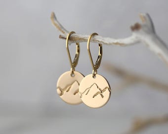 Minimalist Gold Mountain Lever-back Earrings • Hand Stamped Gold Filled Disc Earrings • Handmade Jewelry by Burnish