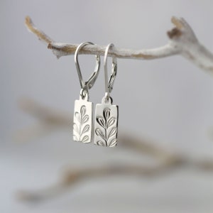 Tiny Dainty Stamped Leaf Sterling Silver Lever-back Earrings • Lightweight Silver Earrings Dangle • Minimalist Earrings for Women by Burnish