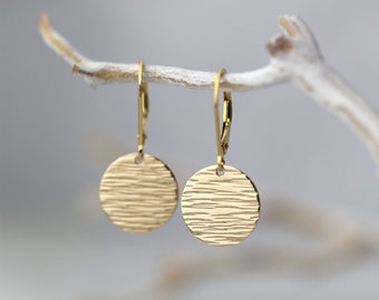 Hammered Gold Earrings Lever-back • Minimalist Gold Filled Disc Dangle Leverback Earrings • Gold Jewelry Gift for Her