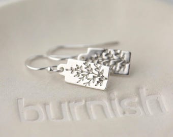 Tiny Wildflower Sterling Silver Earrings • Small Dainty Minimalist Nature Dangle Earrings • Handmade Jewelry by Burnish