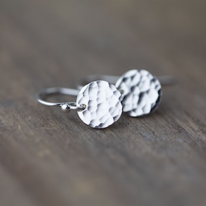 Sterling Silver Earrings Handmade Jewelry, Minimalist Earrings Hammered Dangle Disc Earrings, Birthday Gift for Women