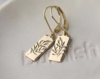Willow Leaves Botanical Gold Earrings • Small Hand Stamped Dainty Minimalist Nature Spring-Inspired Dangle Earrings by Burnish