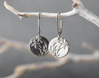 Hand Stamped Willow Leaf Earrings: Small Sterling Silver Dangle Leverback Jewelry by Burnish
