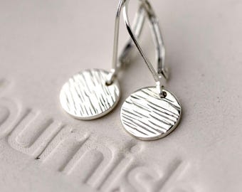Tiny Bark Texture Silver Disc Lever-back Earrings • Simple Minimalist Sterling Silver Leverback Earrings by Burnish