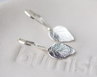 Sterling Silver Leaf Leverback Earrings: Dainty Nature-Inspired Design by Burnish Jewelry
