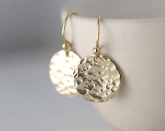 Minimalist Hammered Gold Dangle Earrings - Simple Handmade Everyday Gold Jewelry for Women