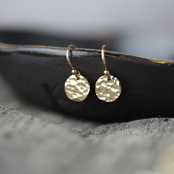 Tiny Gold Earrings Dangle, Small Minimalist Hammered Gold Filled Dainty Earrings