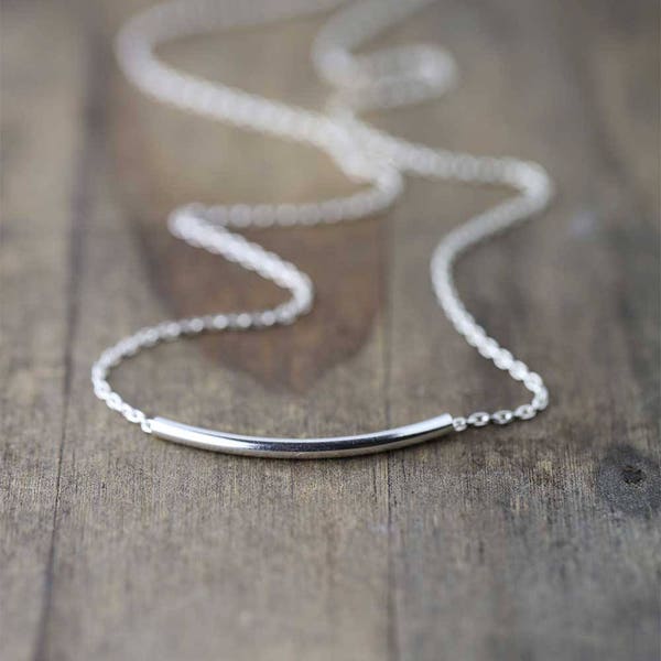 Minimalist Curved Bar Necklace for Women / Modern Minimal Jewelry Gift for Women / Simple Sterling Silver Tube Everyday Necklace