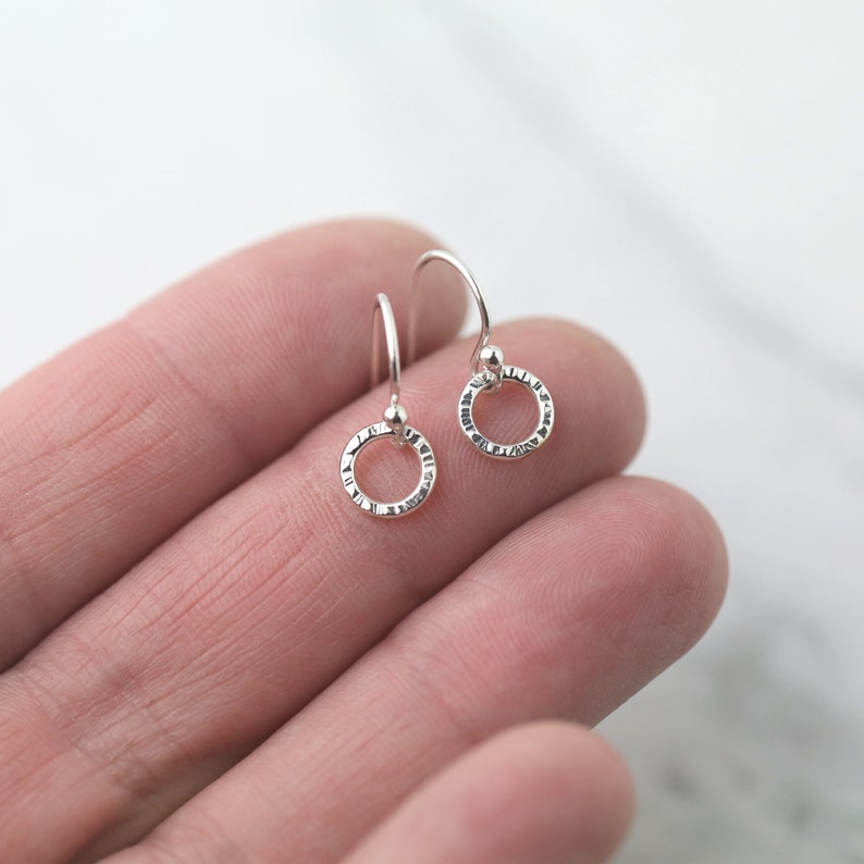 Tiny Circle Earrings Bark Texture Minimalist Simple Sterling Silver Dangle Earrings Silver Jewelry Handmade Gifts image 3