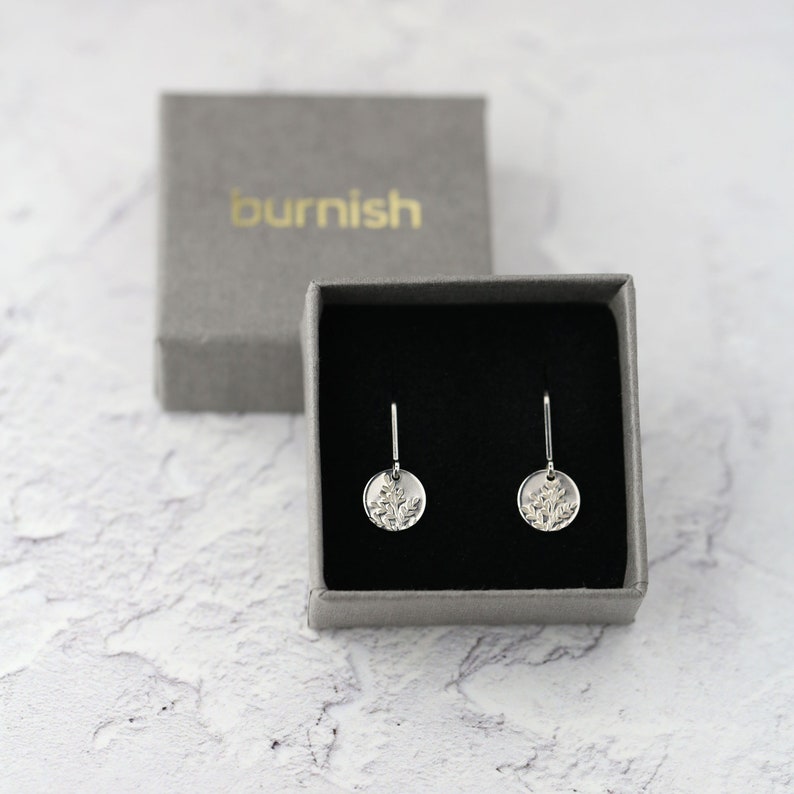 Tiny Hand Stamped Wildflower Lever-back Earrings in Sterling Silver Dainty Minimalist Nature Dangle Disc Earrings image 8