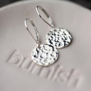 Minimalist Hammered Sterling Silver Disc Dangle Lever-back Earrings • Gift for Her Handmade by Burnish Jewelry
