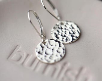 Minimalist Hammered Sterling Silver Disc Dangle Lever-back Earrings • Gift for Her Handmade by Burnish Jewelry