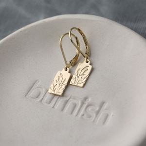 Tiny Hand Stamped Leaf Earrings • Sterling Silver or Gold Filled Minimalist Earrings Dangle • Handmade Jewelry by Burnish