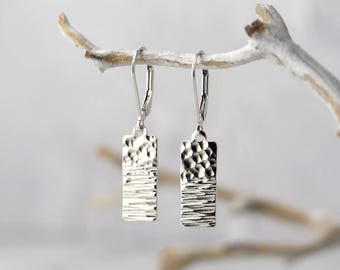 Dainty Hammered Silver Earrings for Women • Minimalist Lever Back Earrings Dangle • Sterling Silver Handmade Jewelry Gift for Her by Burnish