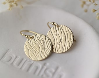 Gold Filled Wave Texture Disc Earrings • Minimalist Dangle Lightweight Leverback Earrings by Burnish