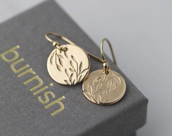 Hand Stamped Leaf Gold Filled Dangle Earrings: Minimalist Nature Jewelry Handmade by Burnish