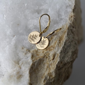 Tiny Hand Stamped Fern Leaves Gold Earrings • Dainty Leaf Dangle Disc Lever back Earrings • Handmade Gold Filled Jewelry by Burnish