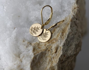 Tiny Hand Stamped Fern Leaves Gold Earrings • Dainty Leaf Dangle Disc Lever back Earrings • Handmade Gold Filled Jewelry by Burnish