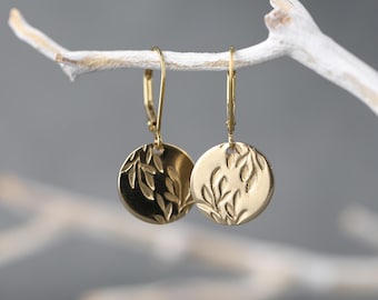 Small Hand Stamped Willow Leaf Gold Filled Leverback Earrings: Minimalist Nature Jewelry by Burnish