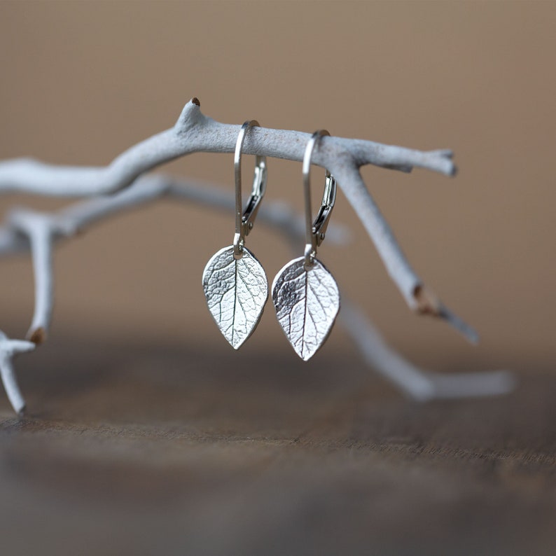 Sterling Silver Leaf Earrings Lever-back Minimalist Dainty Earrings Handmade Modern Gardening Jewelry for Women Gift for Her image 2
