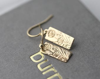 Floral Botanical Gold Earrings • Hand Stamped Flower Alaskan Minimalist Nature Jewelry Handmade by Burnish