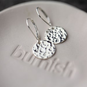 Hammered Silver Earrings Dangle, Minimalist Silver Disc Lever-back Earrings, Silver Jewelry, Silver Earrings