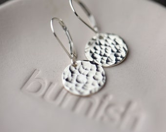 Hammered Silver Earrings Dangle, Minimalist Silver Disc Lever-back Earrings, Silver Jewelry, Silver Earrings