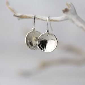 Hammered Sterling Silver Earrings Handmade • Minimalist Domed Earrings • Handmade Gifts for Her • Simple Disc Earrings Dangle Drop