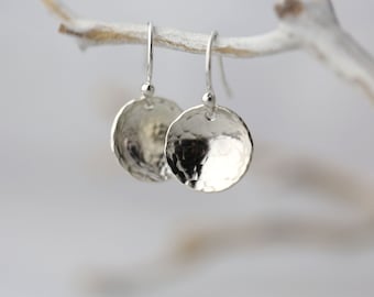 Hammered Sterling Silver Domed Disc Earrings • Handmade Dangle Drop Jewelry by Burnish