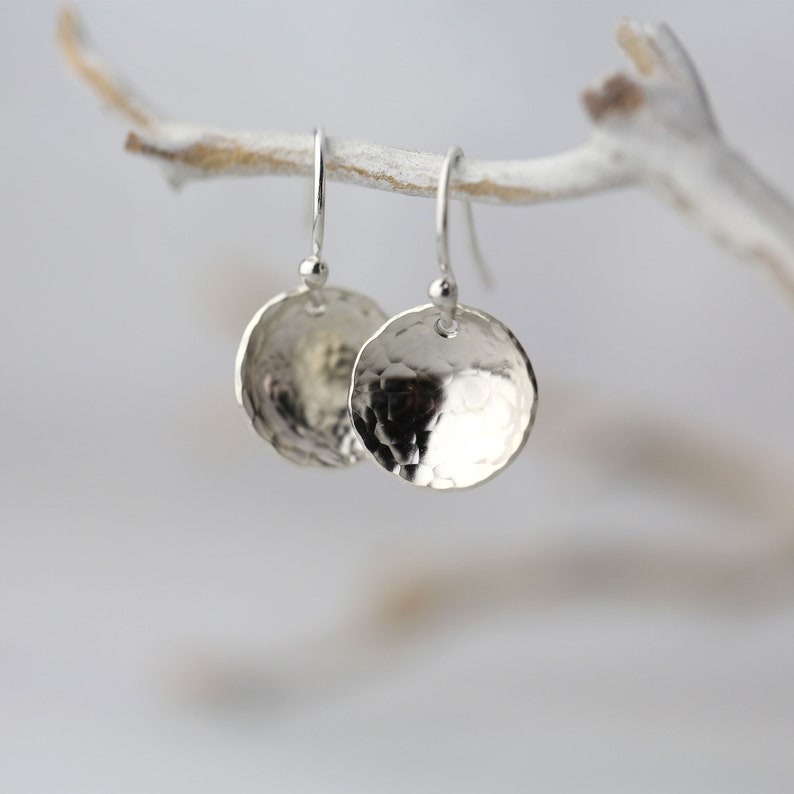 Hammered Sterling Silver Earrings Handmade Minimalist Domed Earrings Handmade Gifts for Her Simple Disc Earrings Dangle Drop image 1