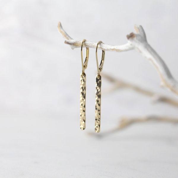 Slim Gold Minimal Lever-back Earrings • Gold Filled Hammered Bar Earrings Dangle • Minimalist Earrings Handmade by Burnish