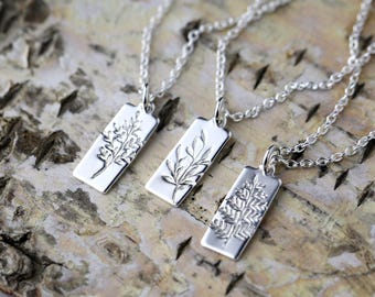 Hand Stamped Botanical Necklace in Sterling Silver • Spring-Inspired Plant Leaves Wild Flower Handmade Jewelry by Burnish