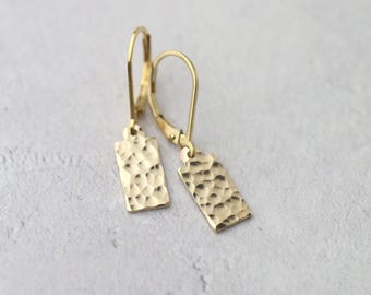 Dainty Hammered Gold Minimal Earrings • Tiny Gold Filled Lever-back Tag Drop Earrings Dangle • Minimalist Earrings by Burnish
