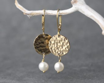 Hammered Gold Pearl Dangle Lever back Earrings • Minimalist 14K Gold Filled Jewelry for Women