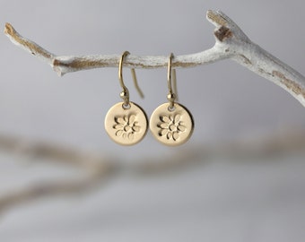 Dainty Gold Flower Disc Earrings Dangle • Small Minimalist Gold Filled Earrings • Handmade Jewelry by Burnish