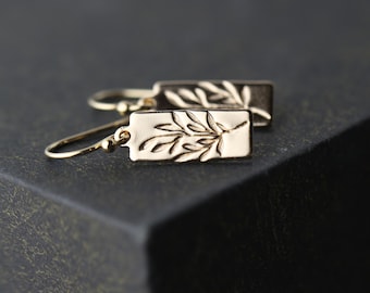 Willow Leaves Botanical Gold Earrings • Small Hand Stamped Dainty Minimalist Nature Dangle Earrings